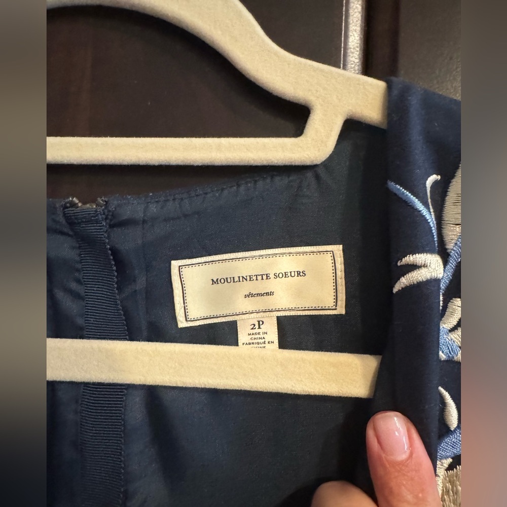 Moulinette Soeurs Navy Dress with White Embroidery